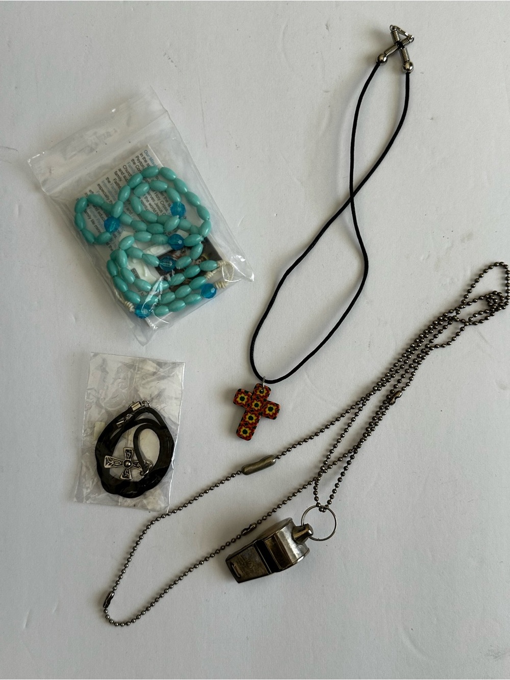 Mixed Necklace and Whistle Jewelry Lot - Turquoise Beads & Floral Cross Pendant